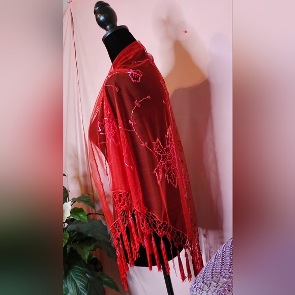 A distinctive Floral Sheer Shawl Showcases Red Beadwork Embroidery. - Picture 10 of 10